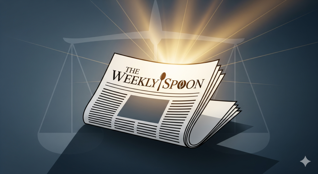 Newspaper "The Weekly Spoon" with glowing light and justice scales in background.